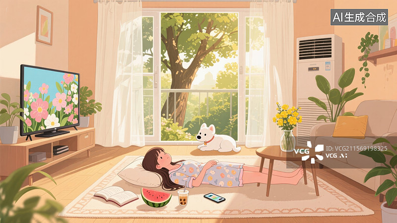 【AI数字艺术】女孩在客厅里看电视图片素材