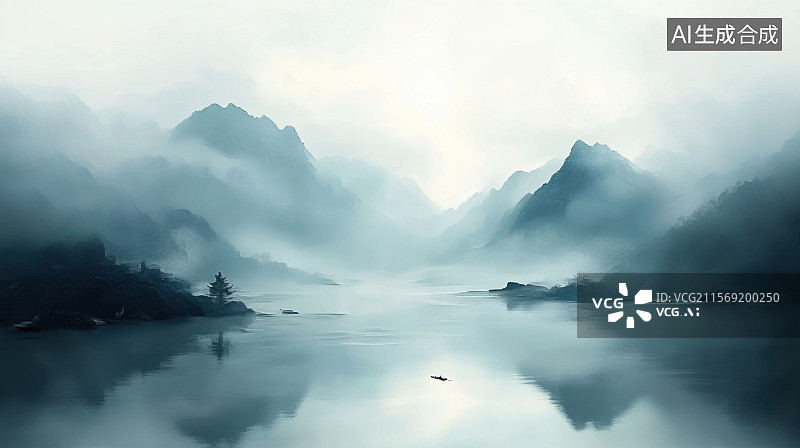 【AI数字艺术】中国风水墨山水画湖面倒影云雾仙境图片素材