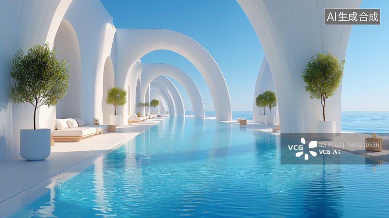 【AI数字艺术】现代建筑风格的游泳池景观图片素材