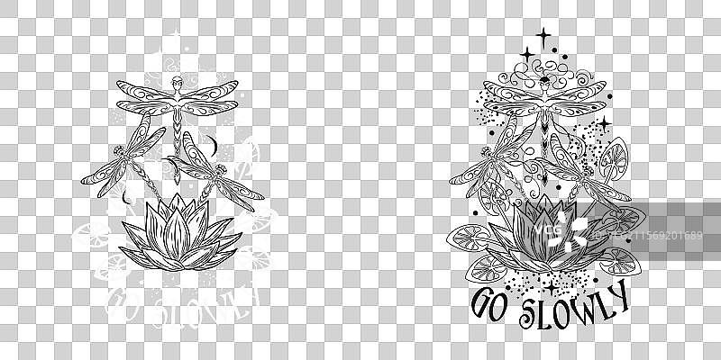 带有莲花、蜻蜓和仙女文字的标签图片素材