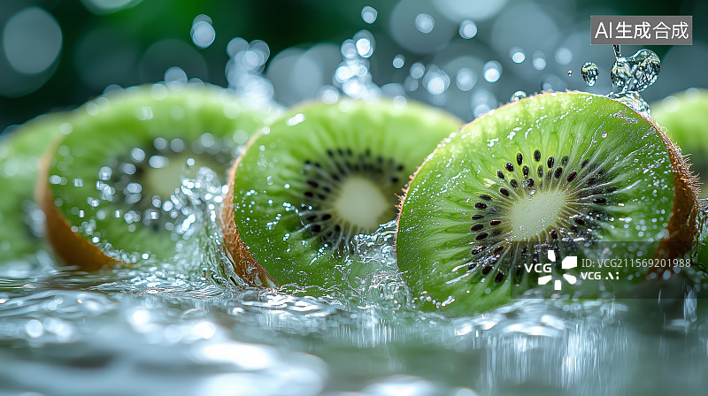 【AI数字艺术】猕猴桃切片在水中溅起水花图片素材