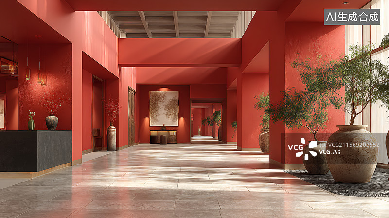 【AI数字艺术】现代酒店的红色走廊图片素材