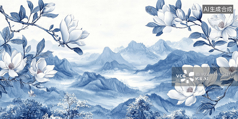 【AI数字艺术】玉兰山水感中式装饰场景图片素材