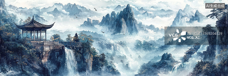 【AI数字艺术】建筑山水感中式景观场景图片素材