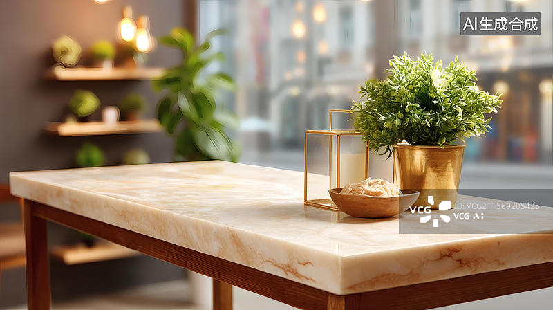 【AI数字艺术】现代大理石桌面的植物和蜡烛装饰图片素材