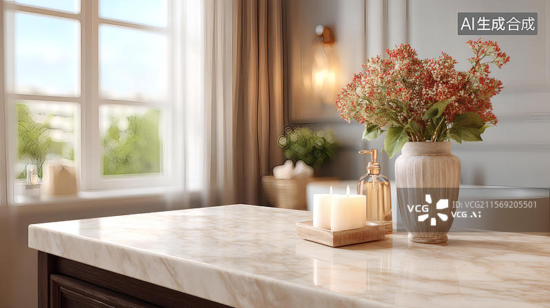 【AI数字艺术】优雅浴室台面上的花卉摆设图片素材