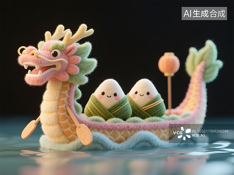 【AI数字艺术】3D渲染，羊毛毡质感，毛绒绒的龙舟，龙舟与粽子，赛龙舟，端午节，传统节日，中国传统美食图片素材