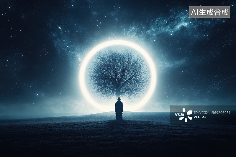 【AI数字艺术】暗调风景中发光圆环与树的科幻艺术图像图片素材