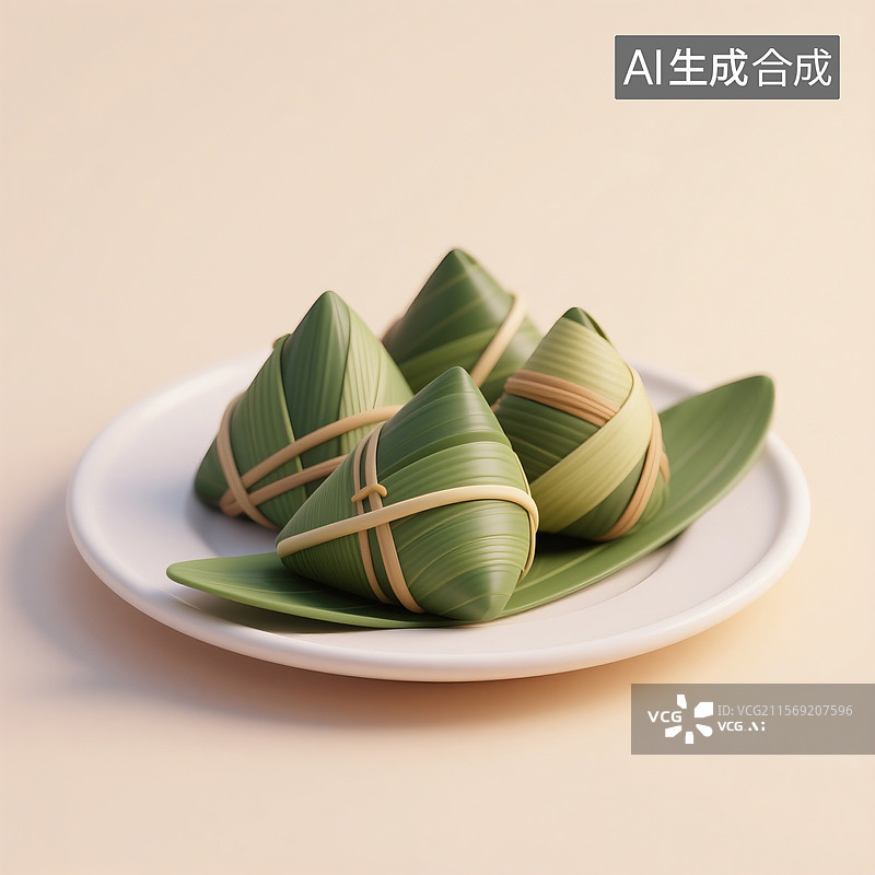 【AI数字艺术】3D渲染，盘子里的粽子，端午节，传统节日，中国传统美食图片素材