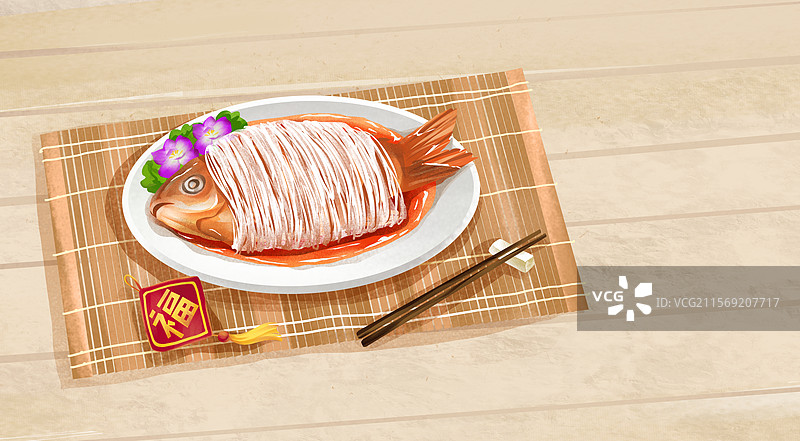 河南特色美食-鲤鱼培面 插画图片素材