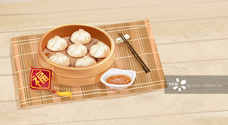 河南特色美食-开封灌汤小笼包 插画图片素材