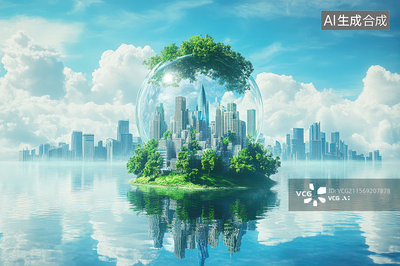【AI数字艺术】水上生态岛与城市背景的科技艺术图像图片素材
