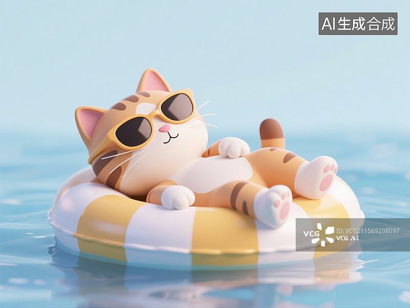 【AI数字艺术】假期旅行主题插画，3D渲染卡通动物，猫，小猫咪，在游泳池里躺在游泳圈上的小猫，背景图，壁纸图片素材