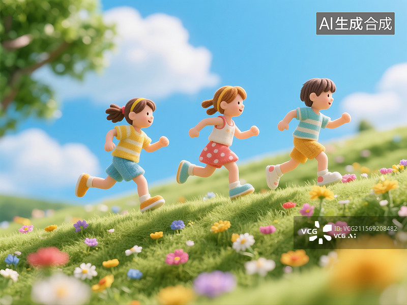【AI数字艺术】3D渲染卡通人物，在山坡上奔跑的儿童，壁纸，海报，背景图图片素材