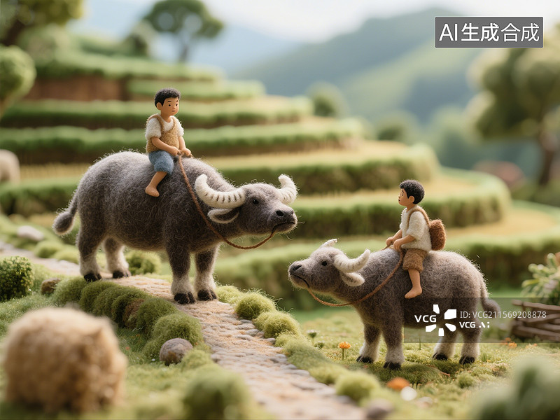【AI数字艺术】3D渲染卡通人物，毛绒绒的羊毛毡插画，骑着水牛的牧童，春天，夏天田园风光，二十四节气乡村风景图片素材
