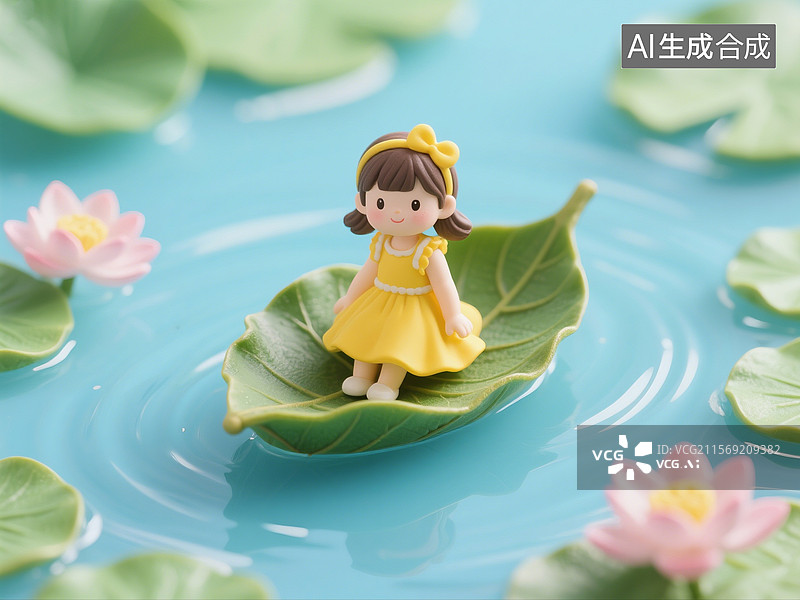 【AI数字艺术】3D渲染卡通人物，坐在叶子小船上的小女孩，儿童，夏天，池塘，荷花，荷叶，背景图，壁纸图片素材