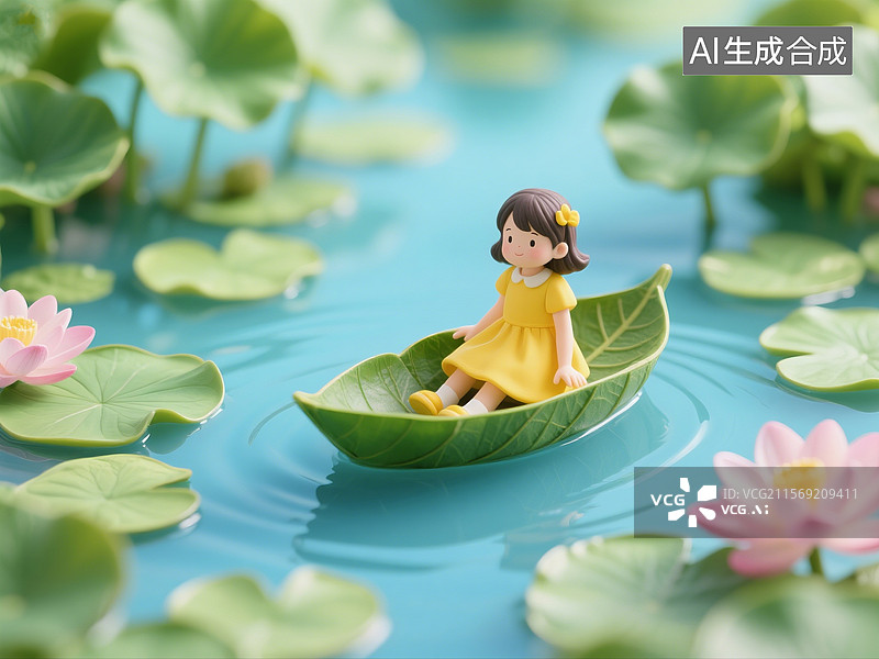【AI数字艺术】3D渲染卡通人物，坐在叶子小船上的小女孩，儿童，夏天，池塘，荷花，荷叶，背景图，壁纸图片素材