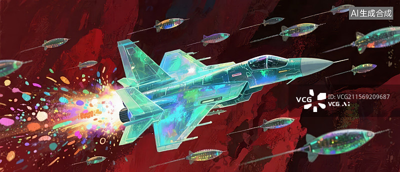 【AI数字艺术】未来战斗机在红色背景中发射导弹图片素材