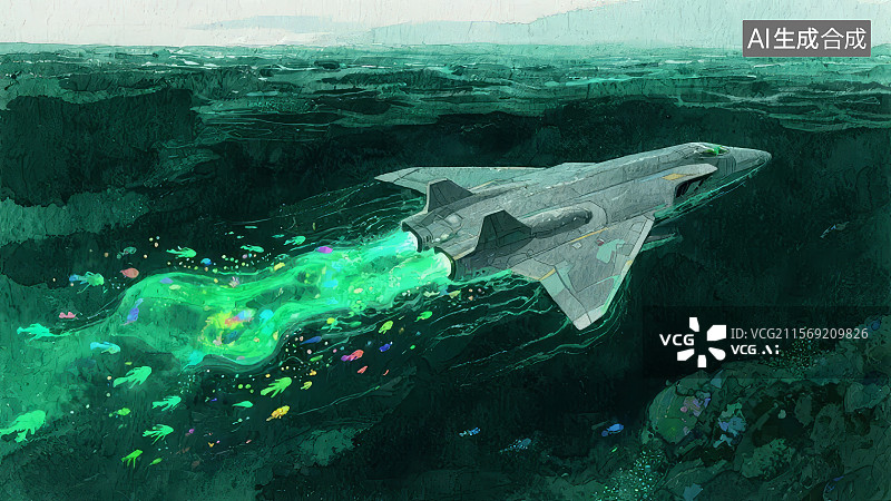 【AI数字艺术】未来飞行器在水下探索图片素材