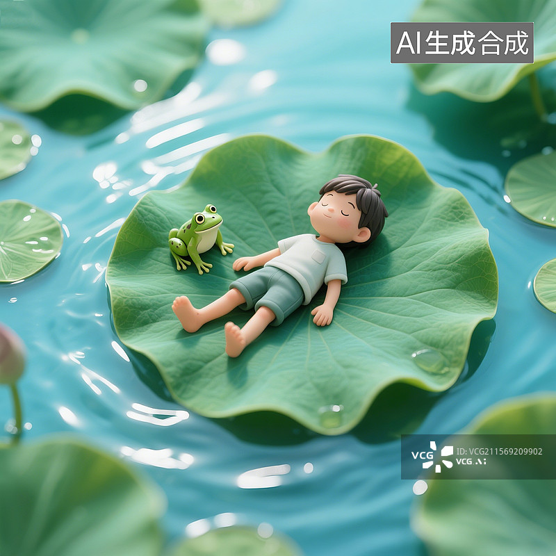 【AI数字艺术】3D渲染卡通人物，在荷塘的荷叶上睡觉的儿童，夏天，背景图，壁纸图片素材