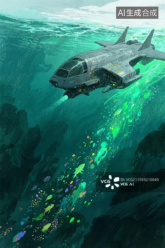 【AI数字艺术】水下探索：未来潜艇与发光生物图片素材