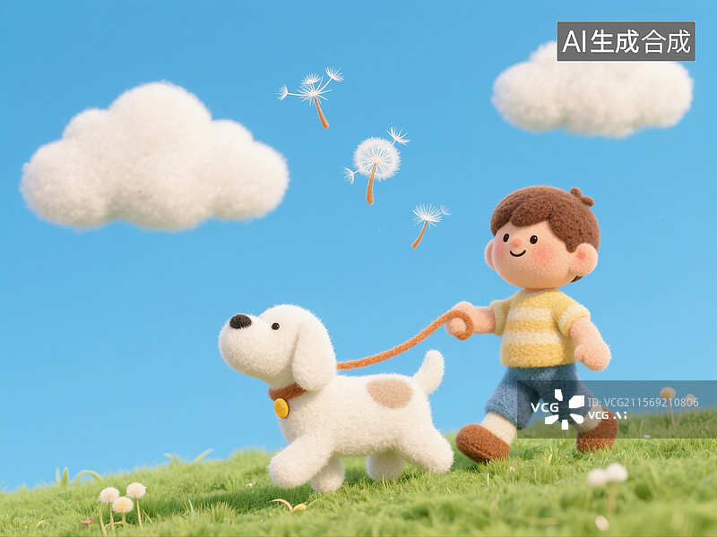 【AI数字艺术】3D渲染卡通人物，羊毛毡质感，毛绒绒，在草地上遛狗的儿童，壁纸，海报，背景图图片素材