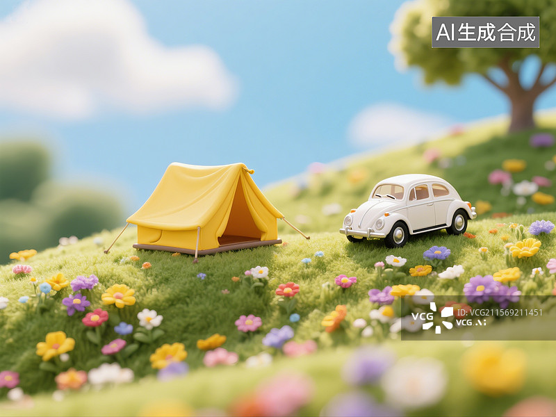【AI数字艺术】3D渲染卡通汽车，帐篷，山坡上的汽车和帐篷，露营，旅游旅行，自驾游，背景图，壁纸图片素材