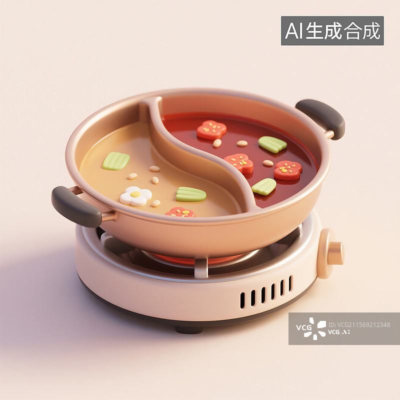 【AI数字艺术】3D渲染，卡通火锅，鸳鸯锅，鸳鸯火锅，川味火锅，重庆火锅，中国传统美食图片素材