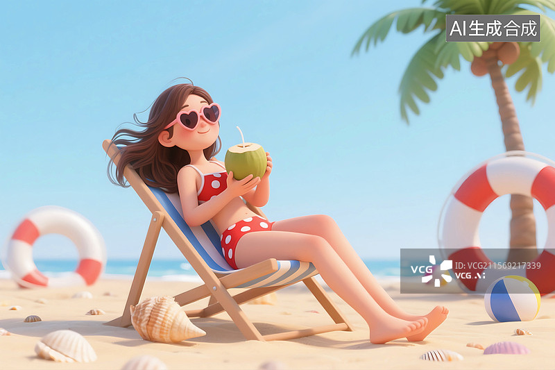 【AI数字艺术】3D三维C4D夏天沙滩海滩海边一个女人穿着泳衣戴着太阳镜椰树下躺在沙滩椅晒太阳喝饮料图片素材