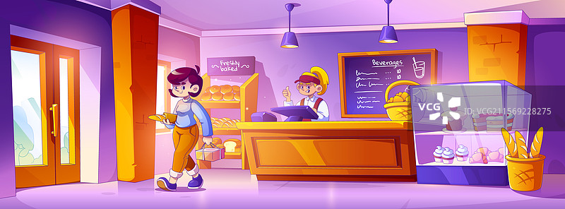 面包店内部，顾客与收银员在交流图片素材