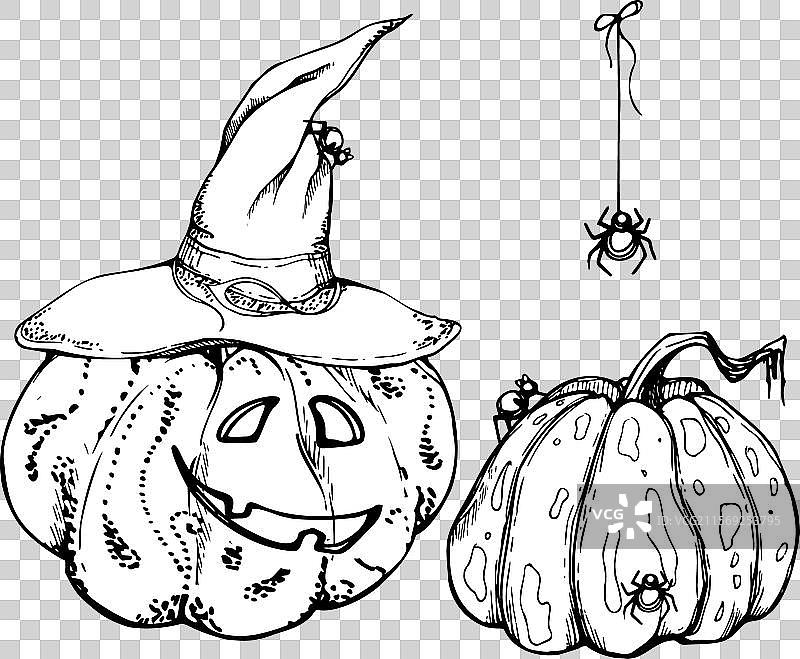手绘墨水女巫与戴尖帽的南瓜图片素材