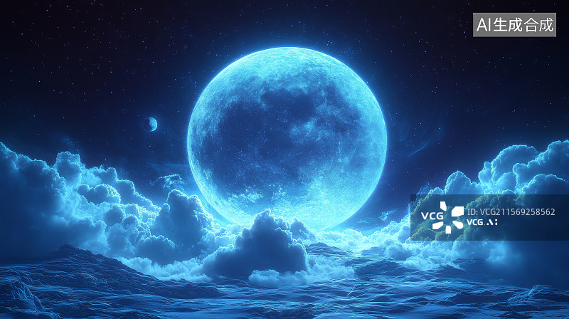 【AI数字艺术】蓝色月亮与云海图片素材