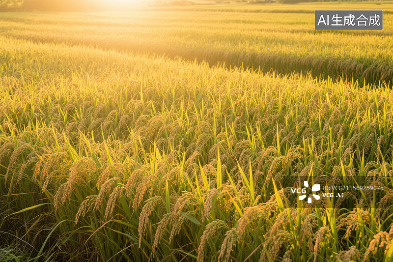【AI数字艺术】夕阳下的金黄稻田图片素材