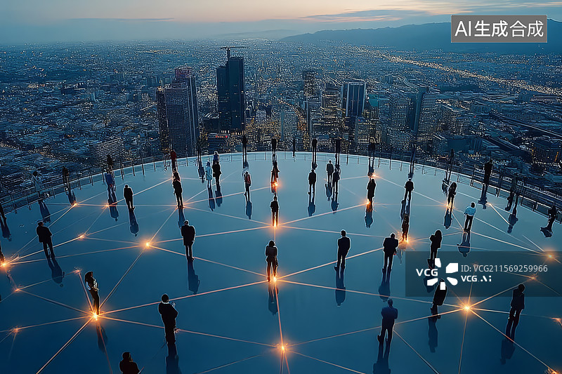 【AI数字艺术】人们站在城市圆形顶楼的鸟瞰图图片素材