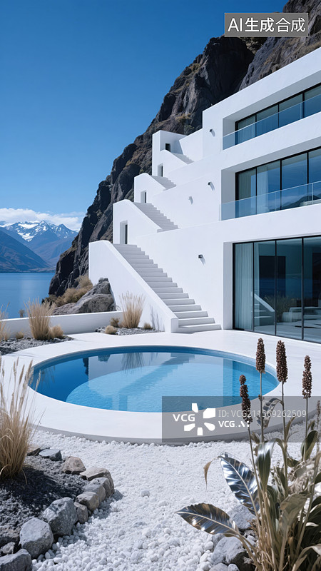 【AI数字艺术】现代白色建筑与圆形泳池图片素材