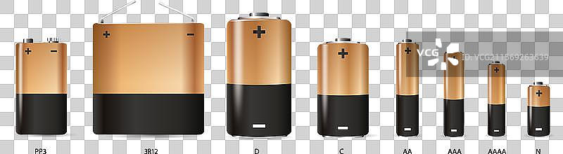 不同类型的碱性电池逼真套装图片素材