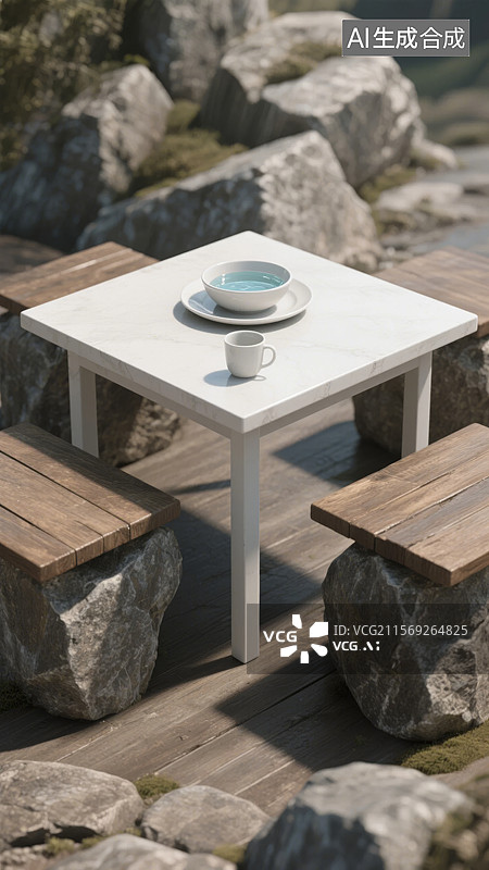 【AI数字艺术】户外石桌上的茶具图片素材