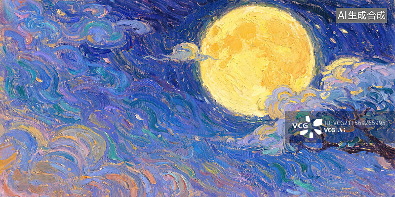 【AI数字艺术】中秋节月光照亮神树五彩祥云 壁纸横版屏幕锁屏主题插画背景 手绘油画棒丙烯画涂鸦速写印象派油画肌理图片素材