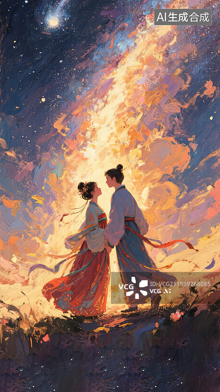 【AI数字艺术】七夕520521网络情人节唯美浪漫古装汉服情侣流星划过草原夜空 手机壁纸竖版屏幕锁屏主题插画背景图片素材
