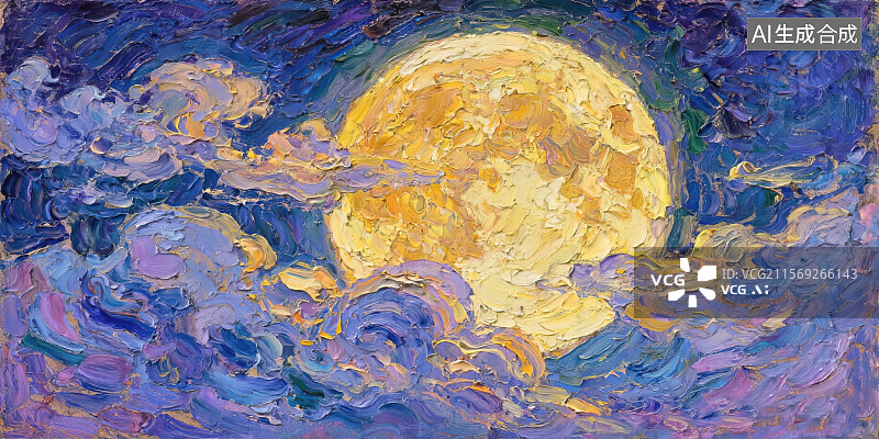 【AI数字艺术】中秋节月光照亮五彩祥云 壁纸横版屏幕主题插画背景 手绘油画棒丙烯画涂鸦速写印象派油画笔触肌理图片素材