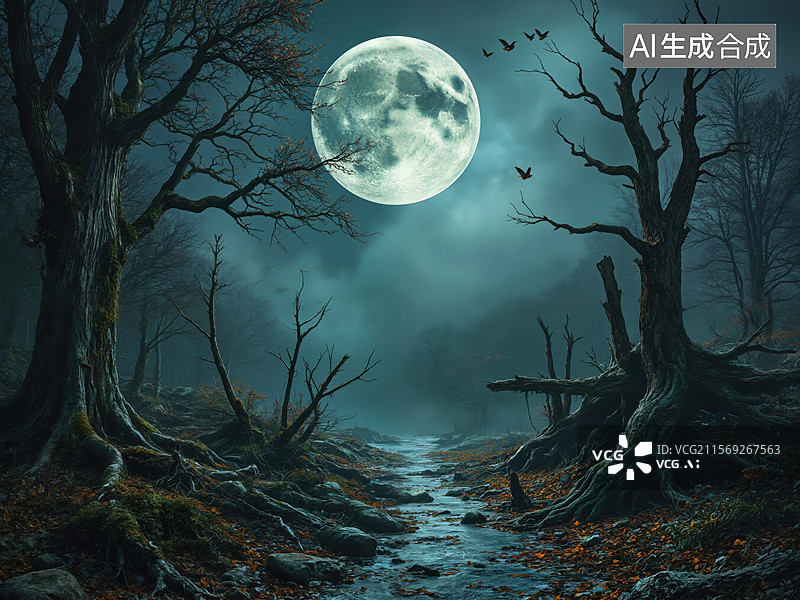 【AI数字艺术】月夜森林小径图片素材