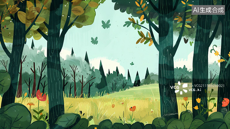【AI数字艺术】夏季树林草地蝴蝶飞舞图图片素材