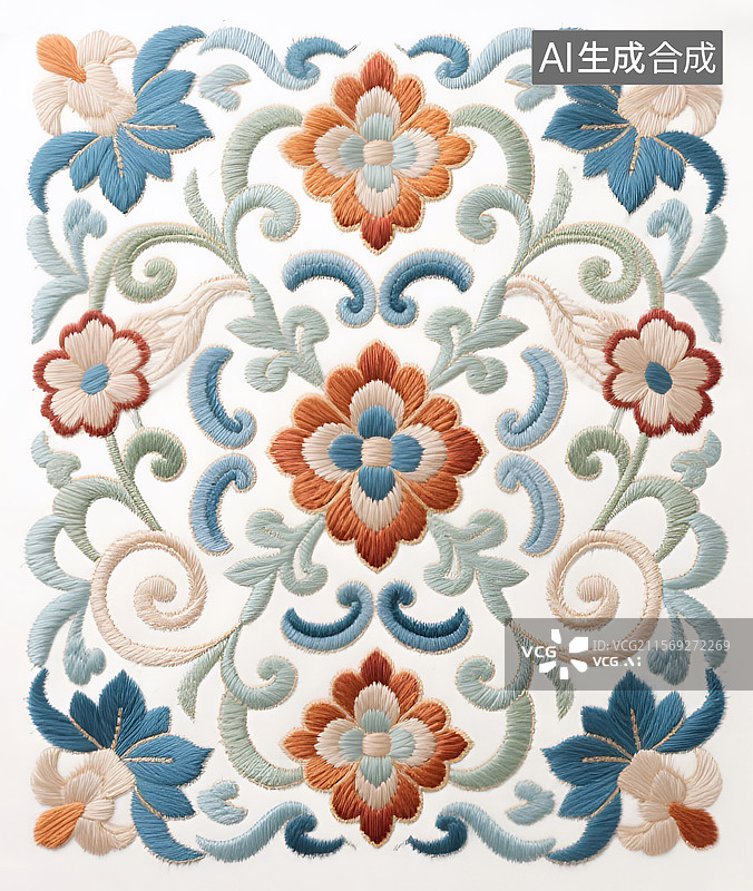 【AI数字艺术】中式刺绣风格的茶巾图案设计图片素材