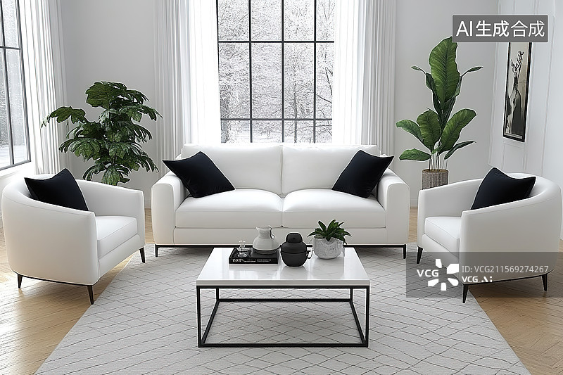 【AI数字艺术】现代白色客厅组合图片素材