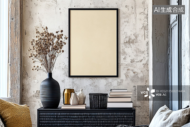 【AI数字艺术】乡村风格客厅空画框图片素材