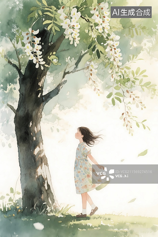【AI数字艺术】初夏槐花下的小女孩水彩插画图片素材