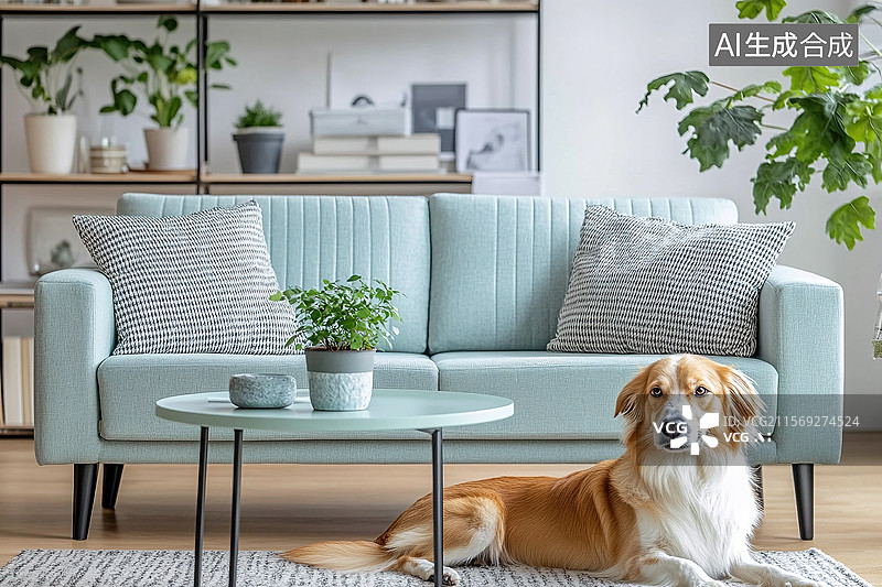 【AI数字艺术】现代风格客厅与狗狗图片素材