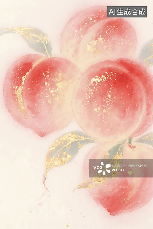 【AI数字艺术】金箔岩彩水蜜桃中式插画图片素材