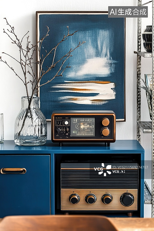 【AI数字艺术】现代复古室内设计与老式收音机图片素材
