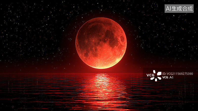 【AI数字艺术】血月下的宁静之海图片素材
